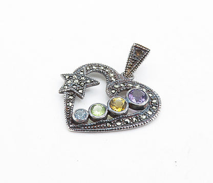 925 Sterling Silver Vintage Multi Gemstone Love Heart Star Pendant PT4841