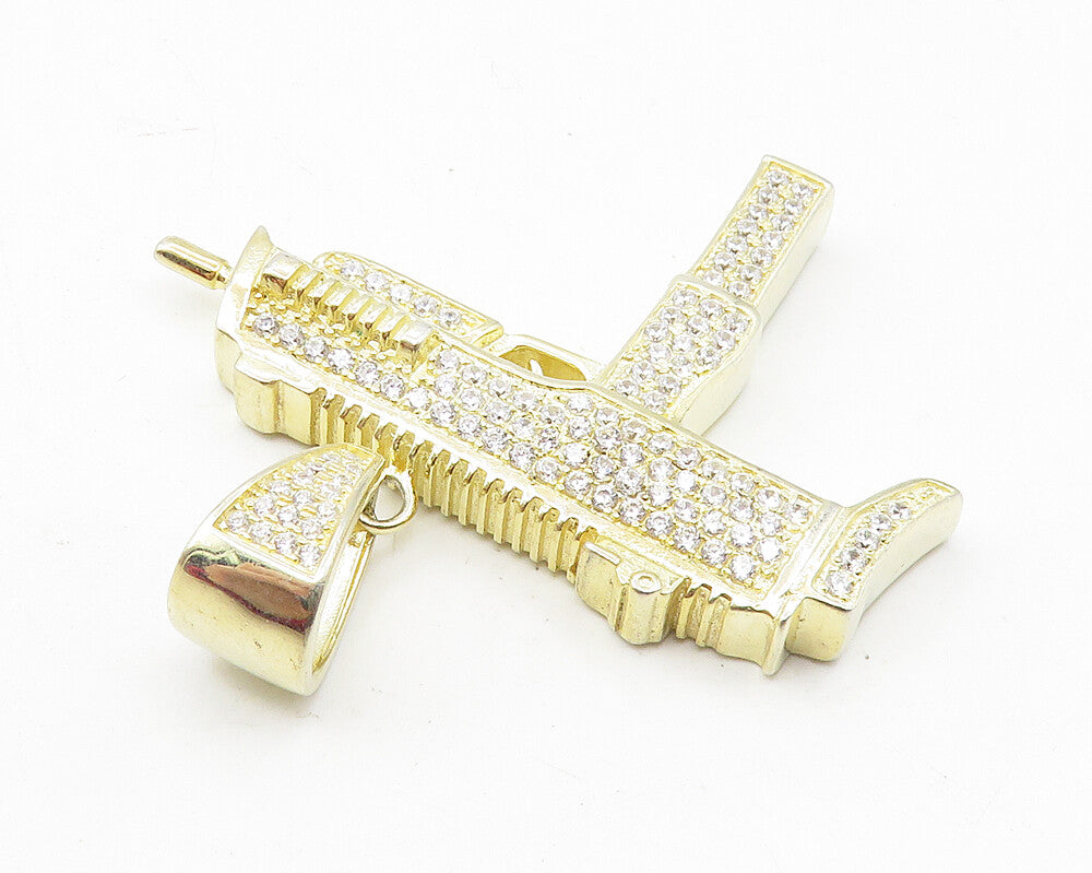925 Sterling Silver  Cubic Zirconia Encrusted Machine Gun Pendant  PT8006