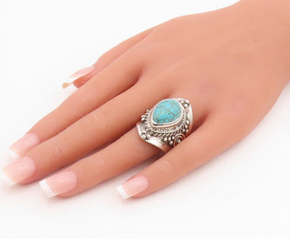 925 Sterling Silver Vintage Ring Carved Drop Shape Turquoise  Sz 9  RG31734