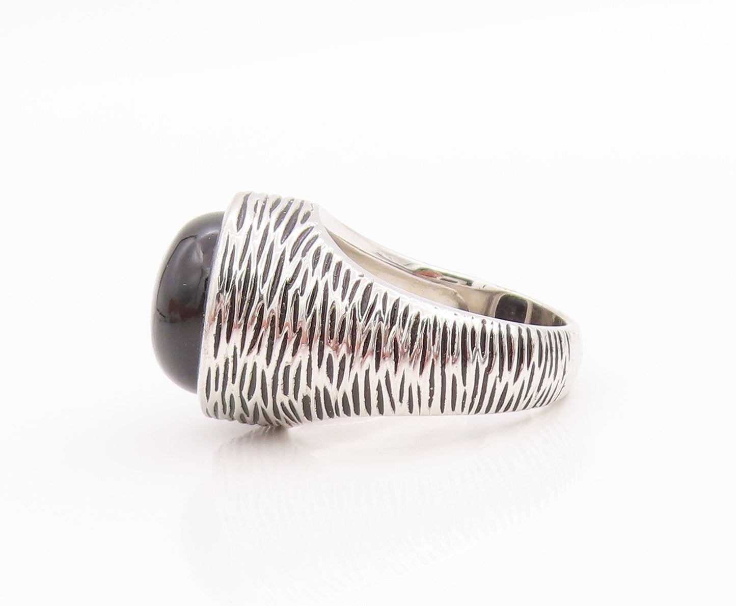 925 Sterling Silver Vintage Ring Grooved Cabochon Round Onyx  Sz 6.5  RG33178