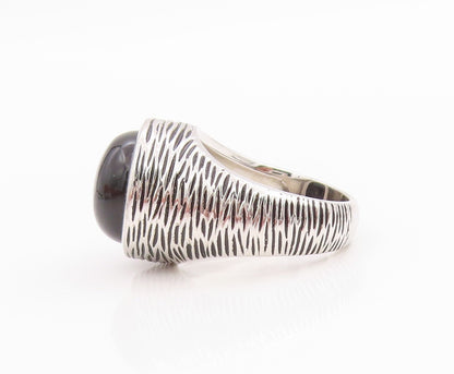 925 Sterling Silver Vintage Ring Grooved Cabochon Round Onyx  Sz 6.5  RG33178