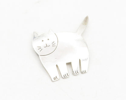 925 Sterling Silver  Vintage Shiny Etched Cat Motif Animal Brooch Pin  BP4348