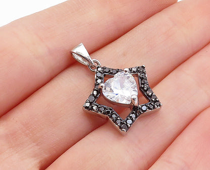 925 Sterling Silver  Cubic Zirconia & Back Hematite Heart Star Pendant  PT2814
