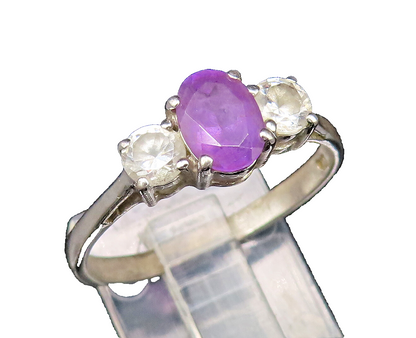 925 Silver  Vintage Dainty Three Stone Amethyst & Topaz Ring Sz 9.5  RG25711
