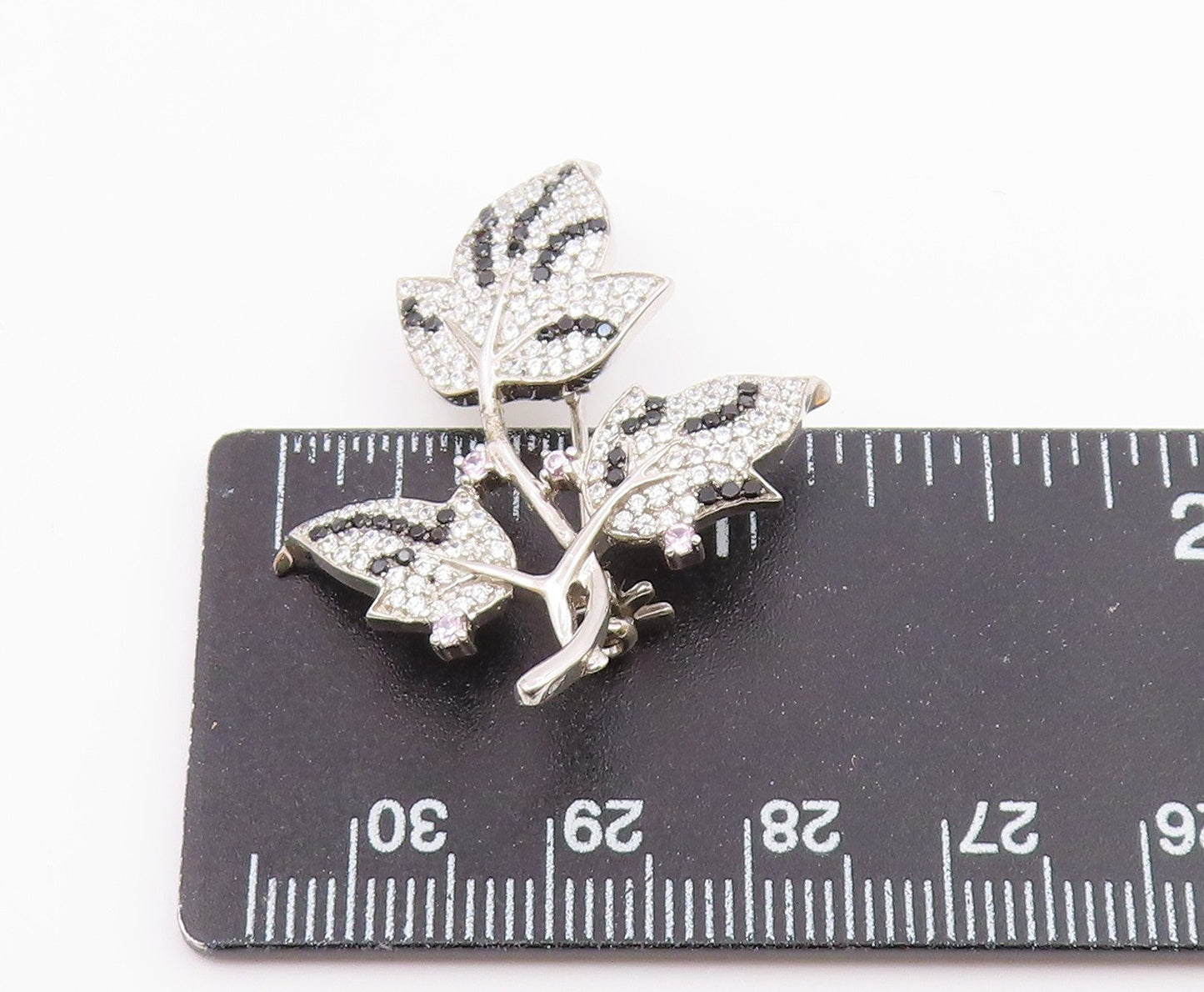 925 Silver  Vintage Cubic Zirconia & Black Spinel Floral Brooch Pin  BP8882