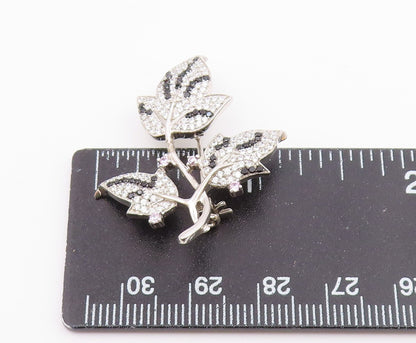 925 Silver  Vintage Cubic Zirconia & Black Spinel Floral Brooch Pin  BP8882