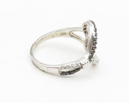 925 Sterling Silver  Hematite & Cubic Zirconia Heart Band Ring Sz 9  RG13990
