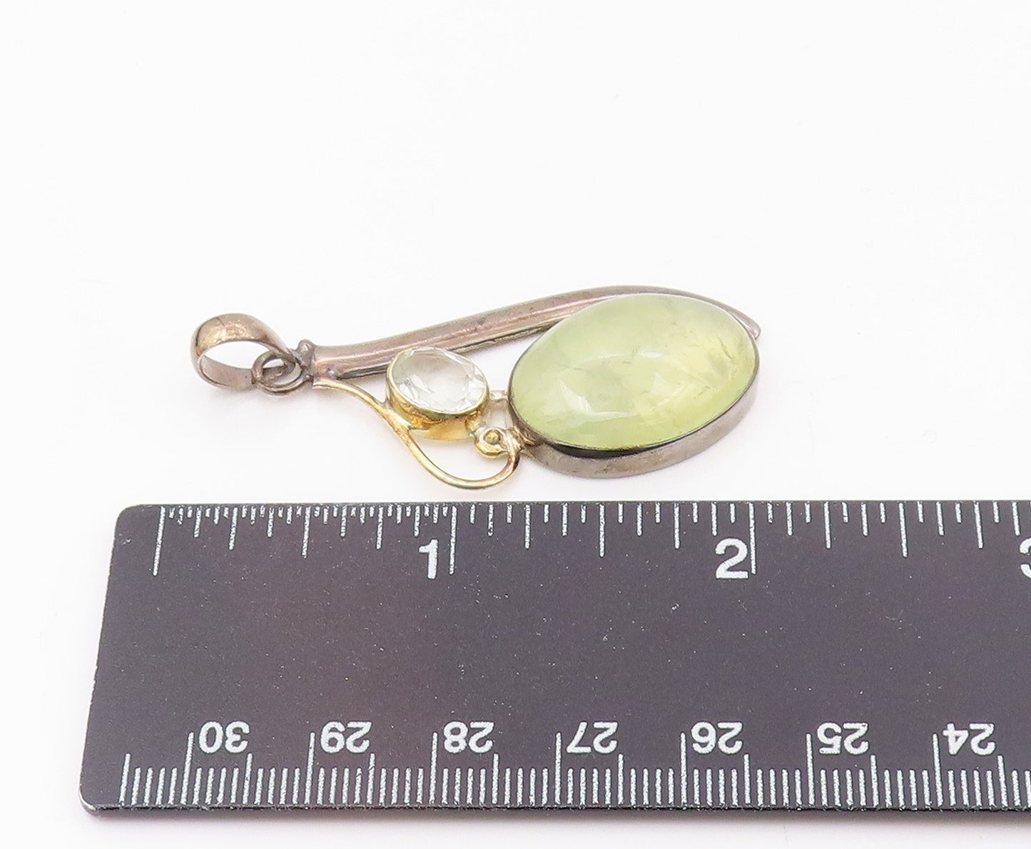 925 Sterling Silver  Vintage Cabochon Prasiolite & Topaz Pendant  PT18839