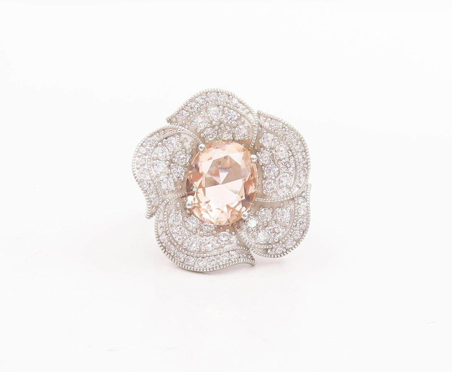 925 Sterling Silver Vintage Ring Gemstone Halo CZ Cutout Flower  Sz 7.5  RG29044