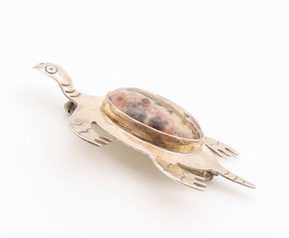 925 Sterling Silver Vintage Brooch MEXICO Oval Gemstone Turtle Cutout  BP11655