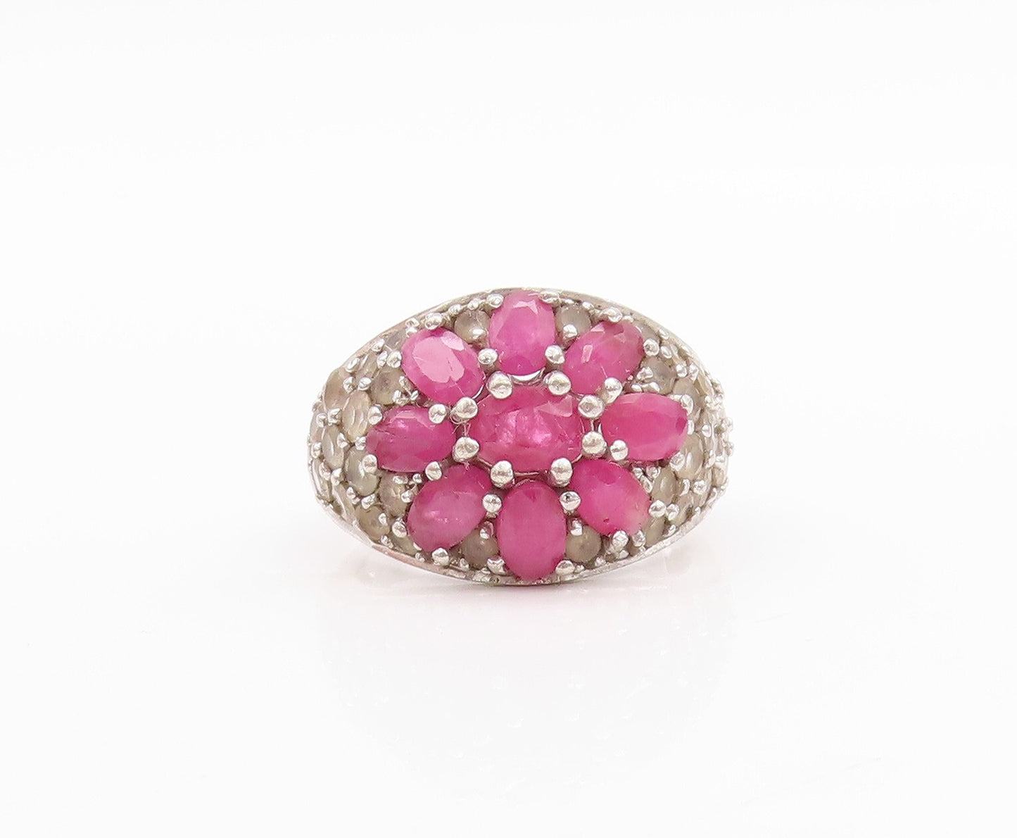925 Sterling Silver Vintage Ring Designer Ruby & Topaz Flower  Sz 7  RG31663