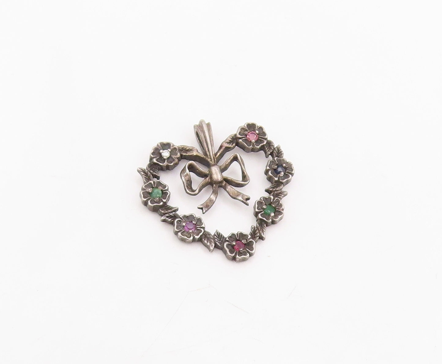 925 Sterling Silver Vintage Pendant Real Gemstones Love Heart & Bow  PT25783