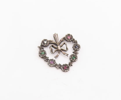 925 Sterling Silver Vintage Pendant Real Gemstones Love Heart & Bow  PT25783