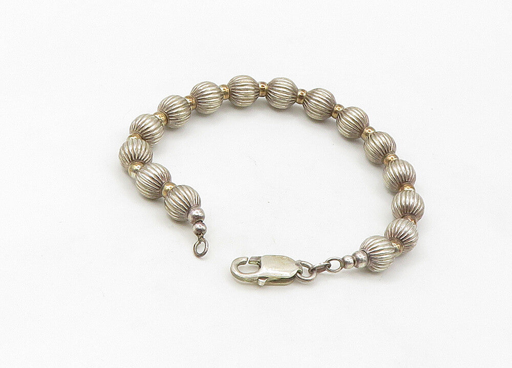 925 Sterling Silver  Vintage Two Tone Fluted Bead Chain Bracelet  BT8529