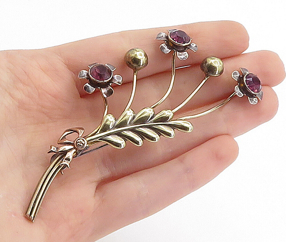 VAN DELL 925 Sterling Silver  Vintage Amethyst Flower Bunch Brooch Pin  BP2661