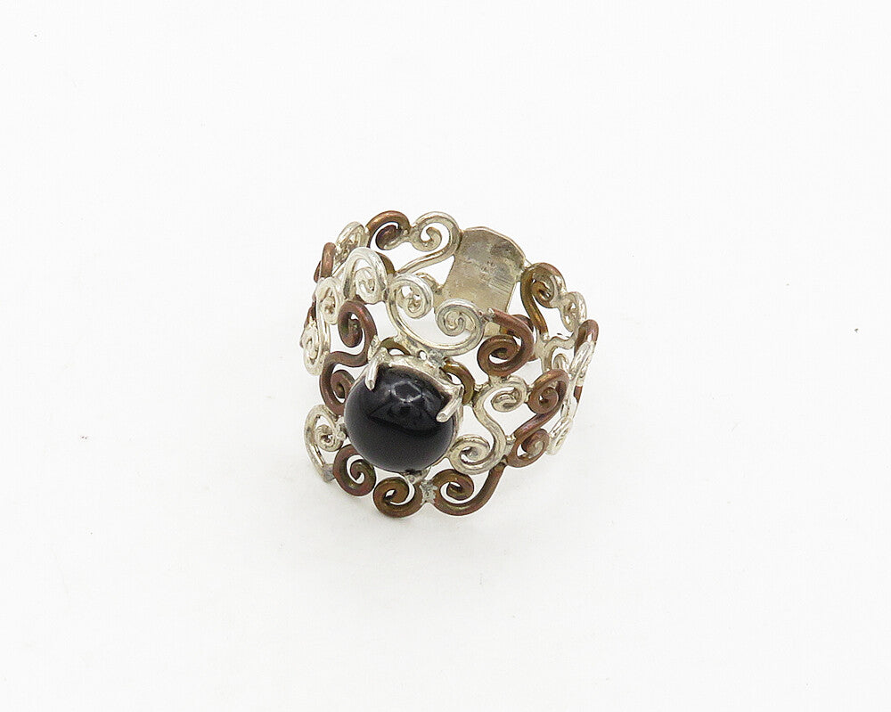 925 Sterling Silver  Vintage Cabochon Cut Black Onyx Band Ring Sz 10  RG19799