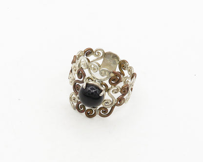 925 Sterling Silver  Vintage Cabochon Cut Black Onyx Band Ring Sz 10  RG19799