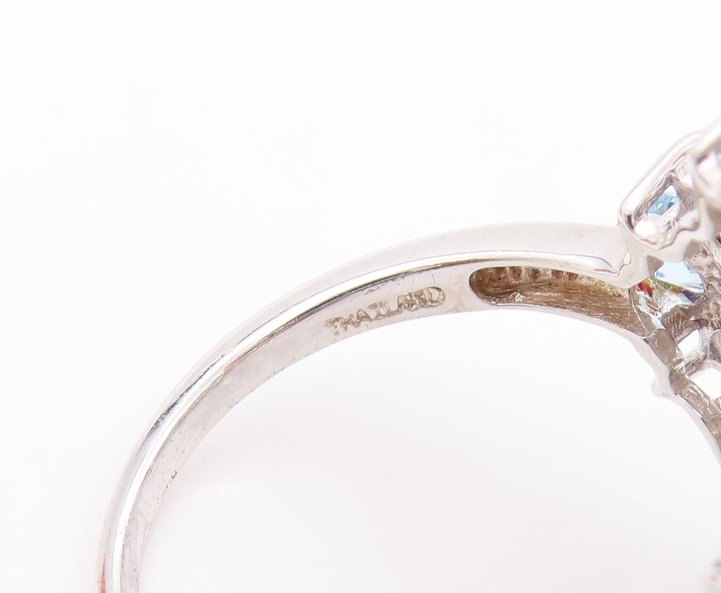 925 Sterling Silver Vintage Ring White & Blue CZ Flowers Inlay  SZ 9  RG31938