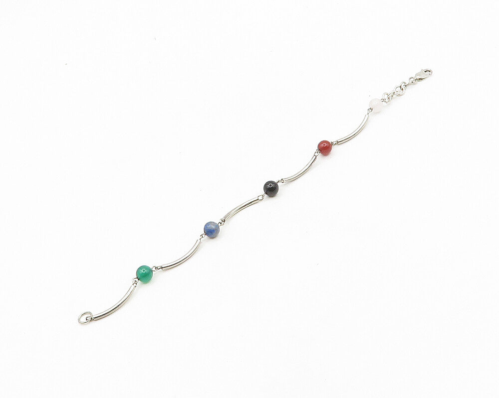 925 Silver  Vintage Onyx Quartz Lapis Lazuli & Carnelian Chain Bracelet BT7402