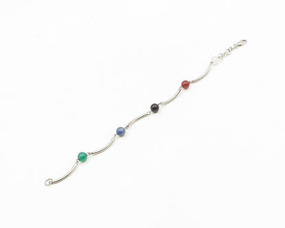 925 Silver  Vintage Onyx Quartz Lapis Lazuli & Carnelian Chain Bracelet BT7402