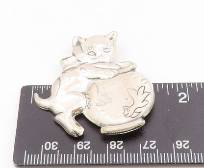 925 Sterling Silver Vintage Brooch Etched Kitten Hugging Fishbowl Pin  BP12111