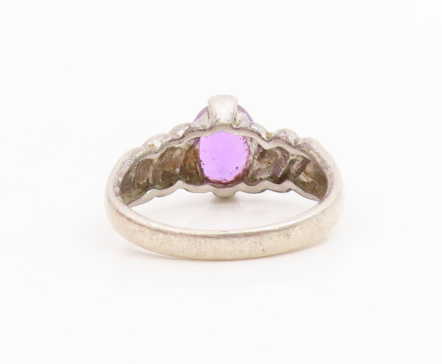 925 Sterling Silver Vintage Ring Oval Cut Amethyst Ribbed Band  Sz 7.5  RG34829