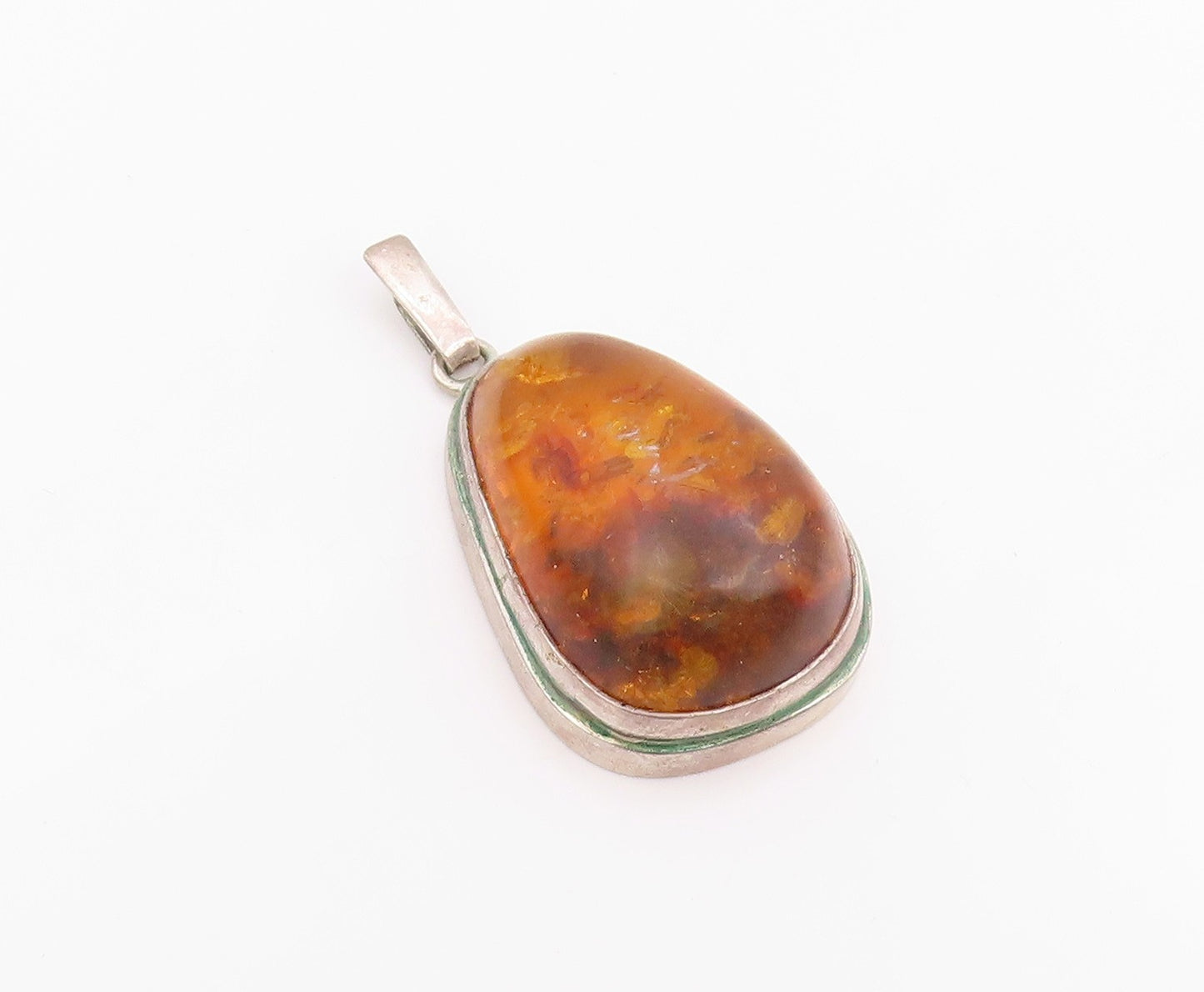 925 Sterling Silver Vintage Pendant Cabochon Honey Amber Solid Teardrop  PT26037