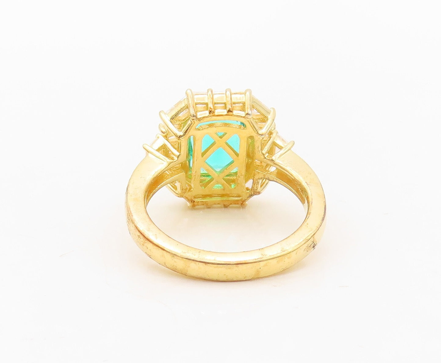 925 Sterling Silver Vintage Ring Gold Plated Sea Green & White CZ Sz 7.5 RG30245