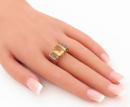 925 Sterling Silver Vintage Ring Rectangle Citrine & Smoky Quartz  Sz 8  RG30434