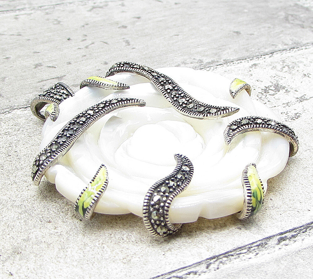 925 Silver  Mother of Pearl & Marcasite Floral Wrapped Drop Pendant  PT1384