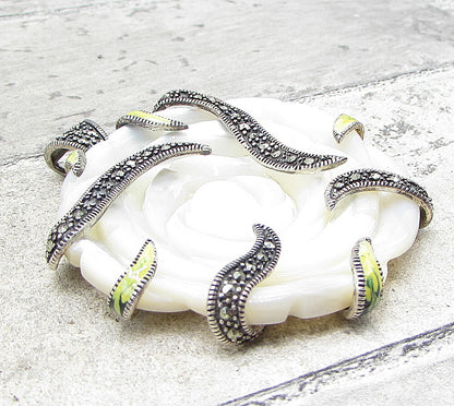 925 Silver  Mother of Pearl & Marcasite Floral Wrapped Drop Pendant  PT1384