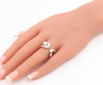 925 Sterling Silver Vintage Ring Abstract Wave Pearl Open Band  Sz 9  RG36678