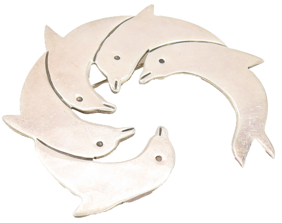 MEXICO 925 Silver  Vintage Minimalist Dolphin Family Brooch Pin  BP10137