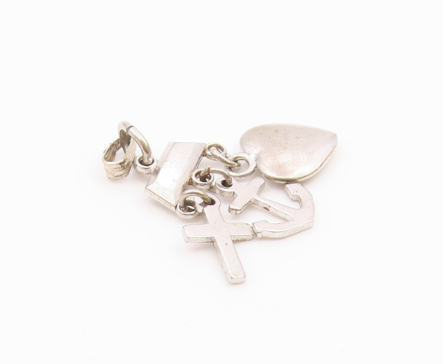 925 Silver  Vintage Love Heart Religious Cross & Anchor Charm Pendant  PT21364