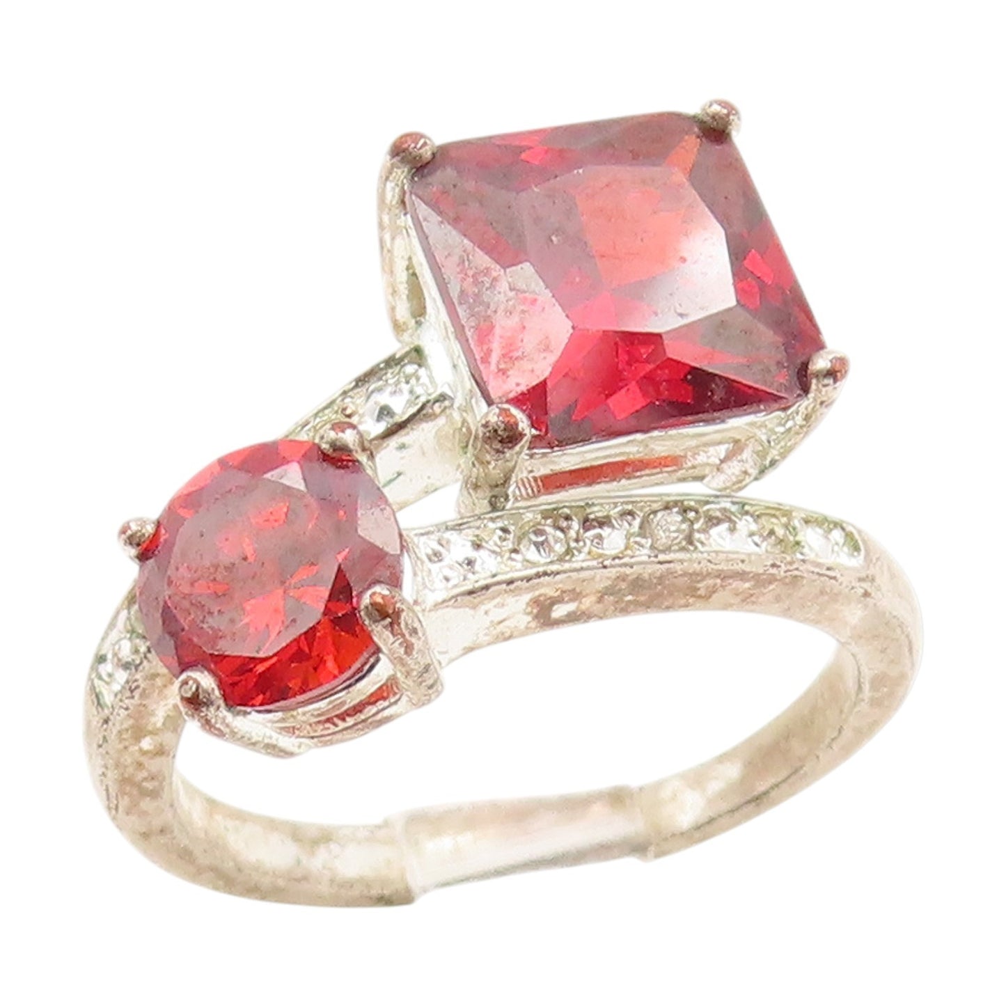 925 Sterling Silver Vintage Ring Two Shape Red CZ Elegant Bypass  Sz 6  RG34620