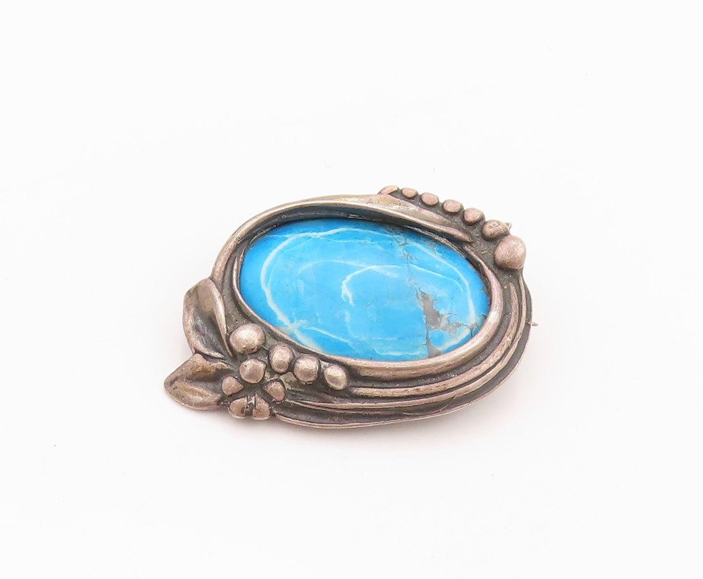 925 Sterling Silver Vintage Brooch Dark Tone Framed Oval Turquoise  BP11582