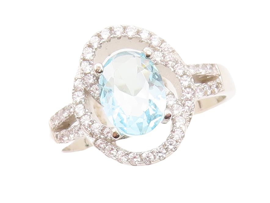 925 Sterling Silver Vintage Ring Designer Oval Blue & White CZ  Sz 7 RG30504