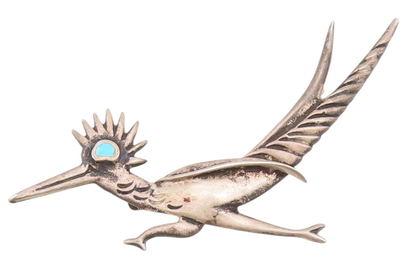 925 Sterling Silver Vintage Brooch Pin Larimar Eye Road Runner Bird  BP11466