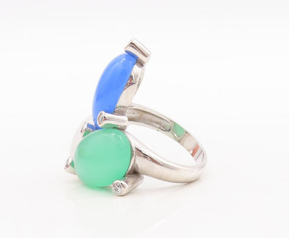 925 Sterling Silver Vintage Ring Cabochon Gemstones & CZ Beaded  Sz 7  RG29554