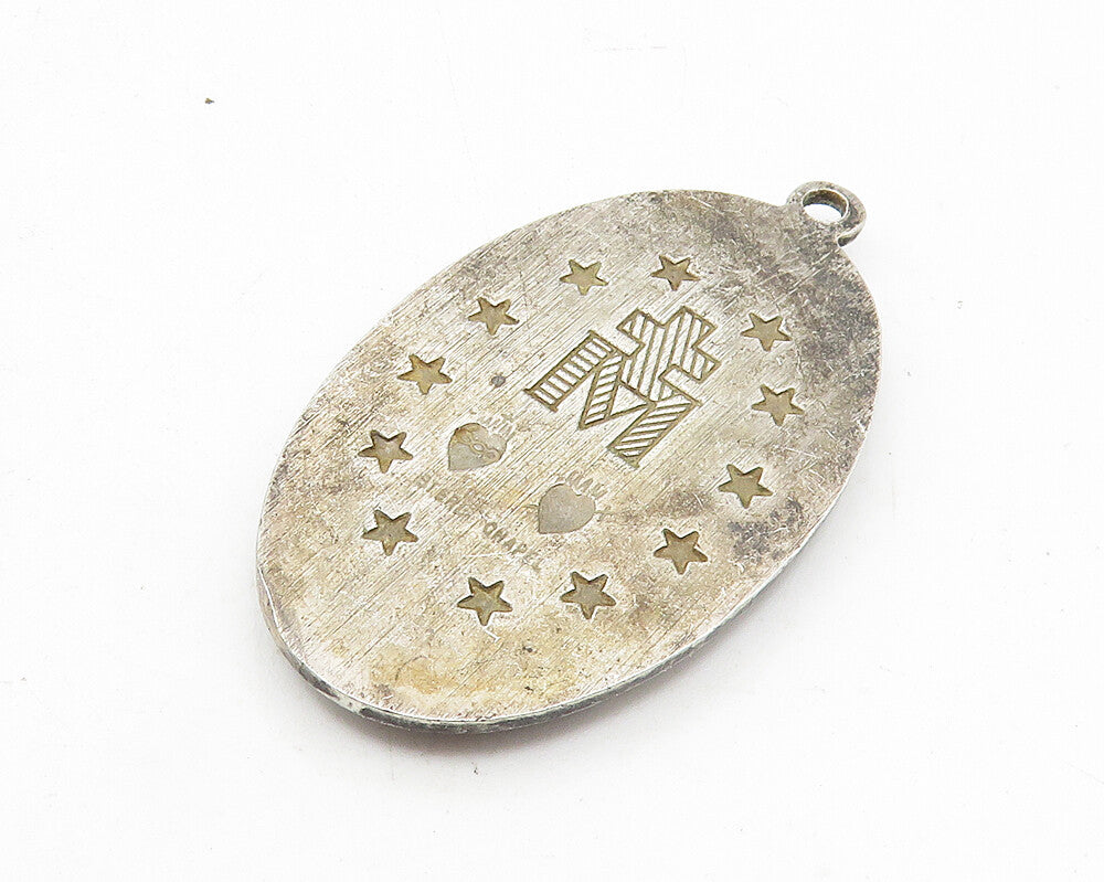 925 Sterling Silver  Vintage Antique Virgin Mary Religious Pendant  PT7982