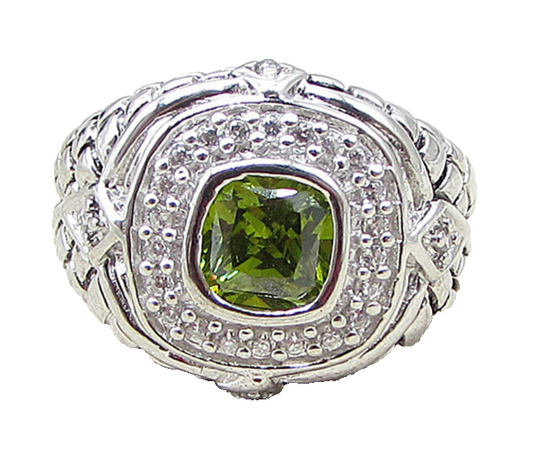 925 Sterling Silver  Peridot & Cubic Zirconia Cocktail Ring Sz 6.5  RG1651