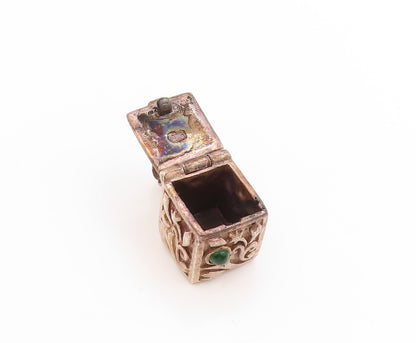 925 Sterling Silver Vintage Pendant Green Gemstone Floral Box OPENS  PT25142