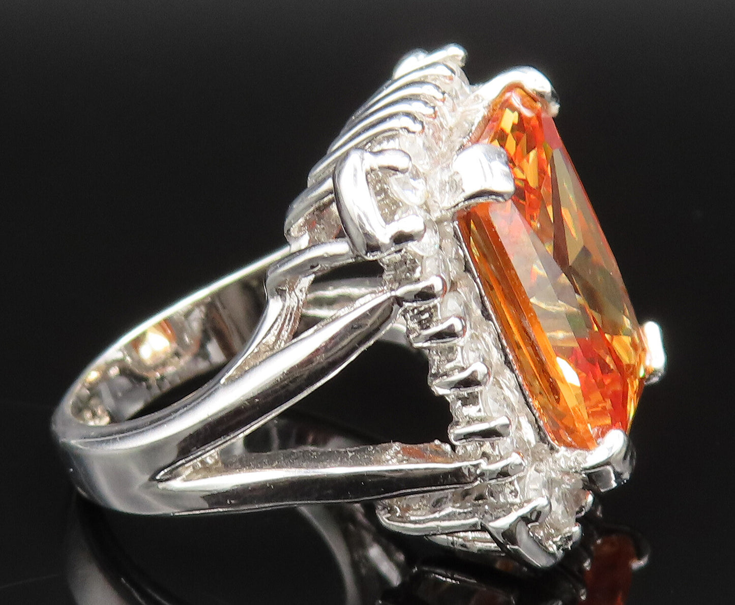 925 Sterling Silver  Vintage Square Citrine & Cubic Zirconia Ring Sz 7 RG25388