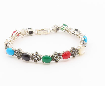 925 Silver  Vintage Turquoise Mother Of Pearl Onyx & Carnelian Bracelet BT3680