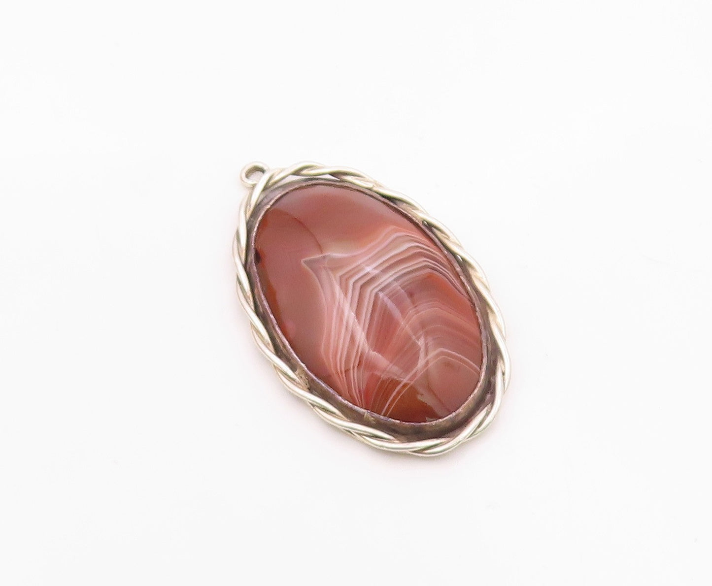 DESIGNER 925 Sterling Silver Vintage Twisted Border Oval Agate Pendant PT21038