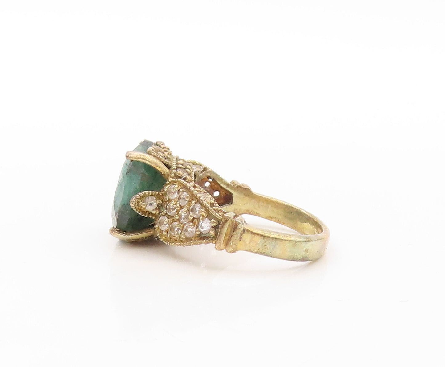 925 Sterling Silver Vintage Ring Gold Plated Green Gemstone & CZ  Sz 6  RG30806