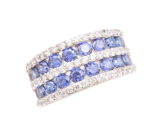 925 Sterling Silver Vintage Ring Round Cut Blue & White CZ Bands  Sz 7  RG29411