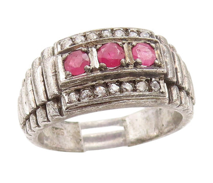 925 Sterling Silver Vintage Ring Real Diamonds & Ruby Watch Band Sz 8.5 RG34834