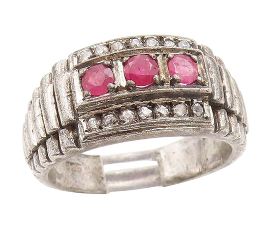 925 Sterling Silver Vintage Ring Real Diamonds & Ruby Watch Band Sz 8.5 RG34834