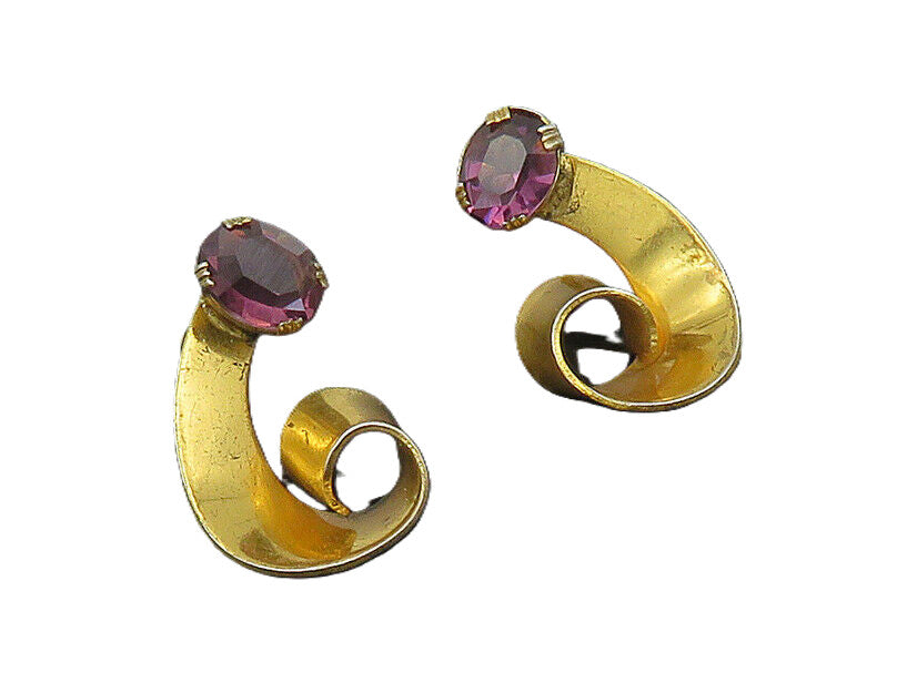 925 Sterling Silver  Vintage Amethyst Shiny Ribbon Non Pierce Earrings  EG9345